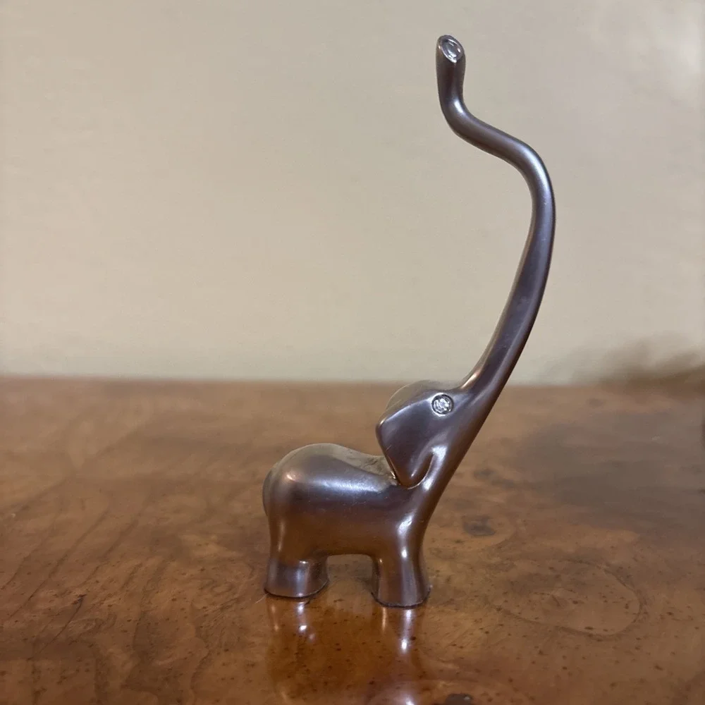 Vintage Ring Holder Elephant Long Trunk Gold Tone w/ Rhinestone Eyes